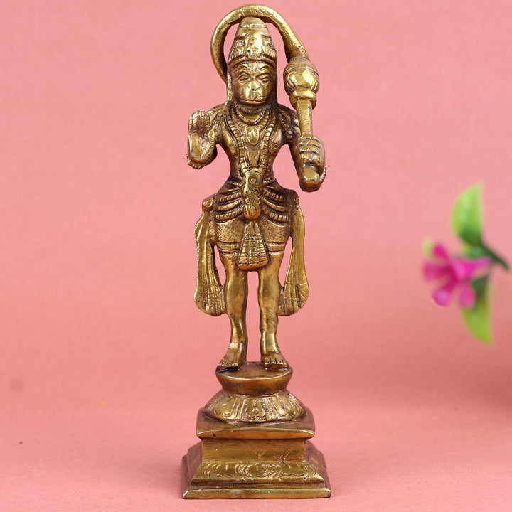 Brass standing Hanuman idol, intricately crafted to depict Lord Hanuman in a powerful and divine posture, symbolizing strength, courage, and protection. Ideal for worship, home décor, or as a spiritual centerpiece. India’s Largest Pooja Accessories Brand – www.satvikworld.com