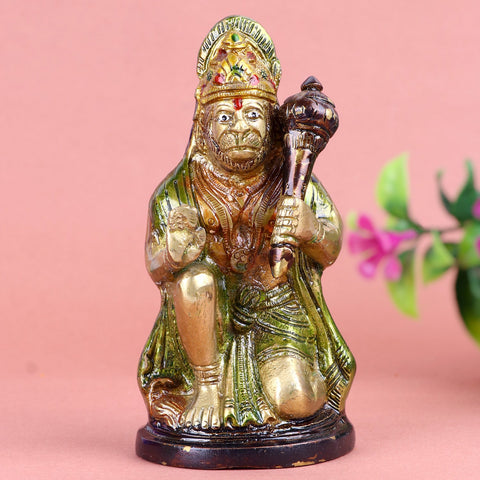 Brass Hanuman statue in a devotional posture, exuding strength and divine protection, adorned with traditional ornaments and intricate detailing. Perfect for home temples and gifting. India’s Largest Pooja Accessories Brand – www.satvikworld.com