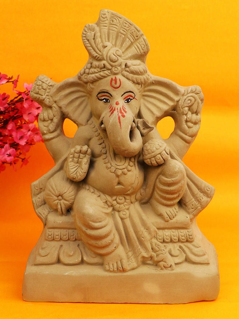 10 Inch Pramoda Eco-Friendly Ganesha Idol in majestic Raja position, crafted from natural clay with fine artistic detailing and eco-safe colors, ideal for Ganesh Chaturthi celebrations. India’s Largest Pooja Accessories Brand – www.satvikworld.com