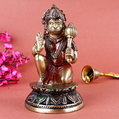 Brass Bajrangbali Hanuman statue, depicting Lord Hanuman in a powerful and devotional pose. This intricately crafted statue is a symbol of strength, devotion, and protection, perfect for pooja rooms and spiritual spaces. India’s Largest Pooja Accessories Brand – www.satvikworld.com
