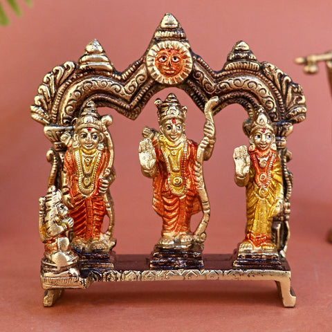 Brass small Ram Darbar idol, intricately crafted to depict Lord Ram with Sita, Lakshman, and Hanuman, symbolizing devotion, righteousness, and family values. Perfect for home temples, worship, or gifting. India’s Largest Pooja Accessories Brand – www.satvikworld.com