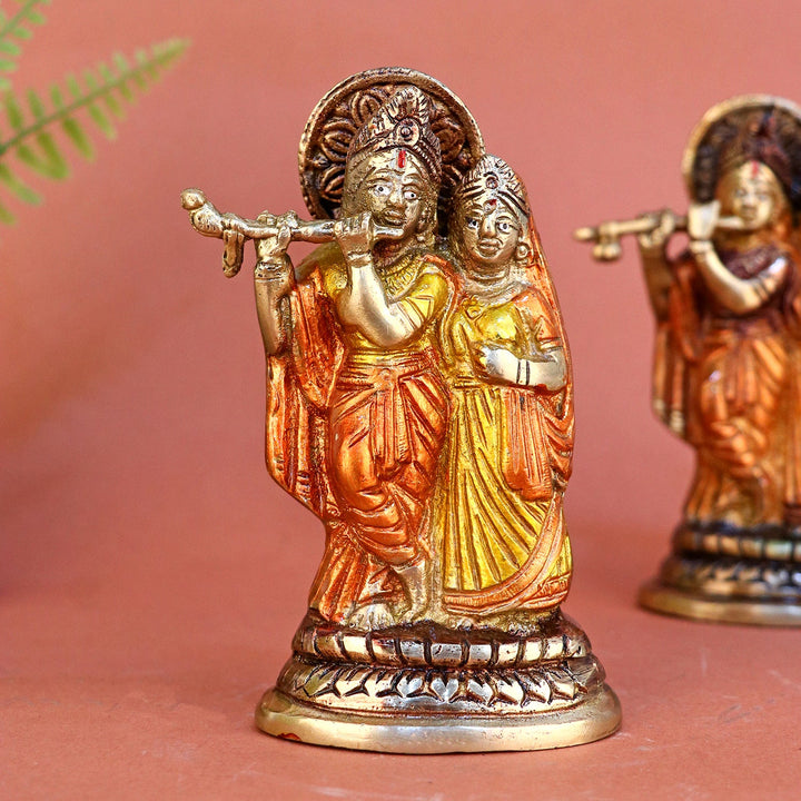 Brass small Radha Krishna idol, beautifully crafted to portray the divine love and harmony of Radha and Krishna. Ideal for home temples, gifting, or as a spiritual décor piece. India’s Largest Pooja Accessories Brand – www.satvikworld.com