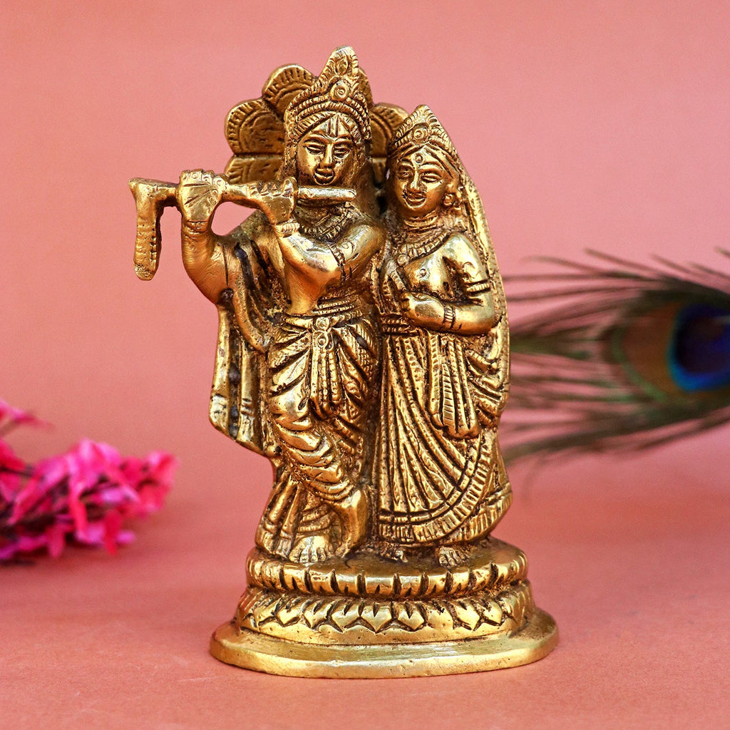 Brass small Radha Krishna idol, beautifully crafted to symbolize divine love and harmony between Radha and Krishna. Perfect for home temples, spiritual spaces, or as a thoughtful gift. India’s Largest Pooja Accessories Brand – www.satvikworld.com