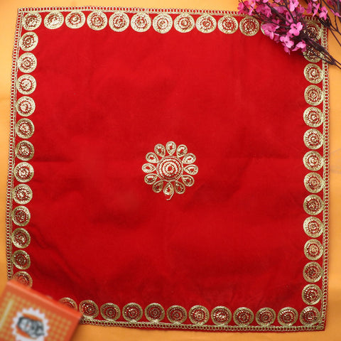 Artistic red velvet puja aasan set of 4, 42 x 42 cm plush mats for comfortable pooja seating. India’s Largest Pooja Accessories Brand – www.satvikworld.com
