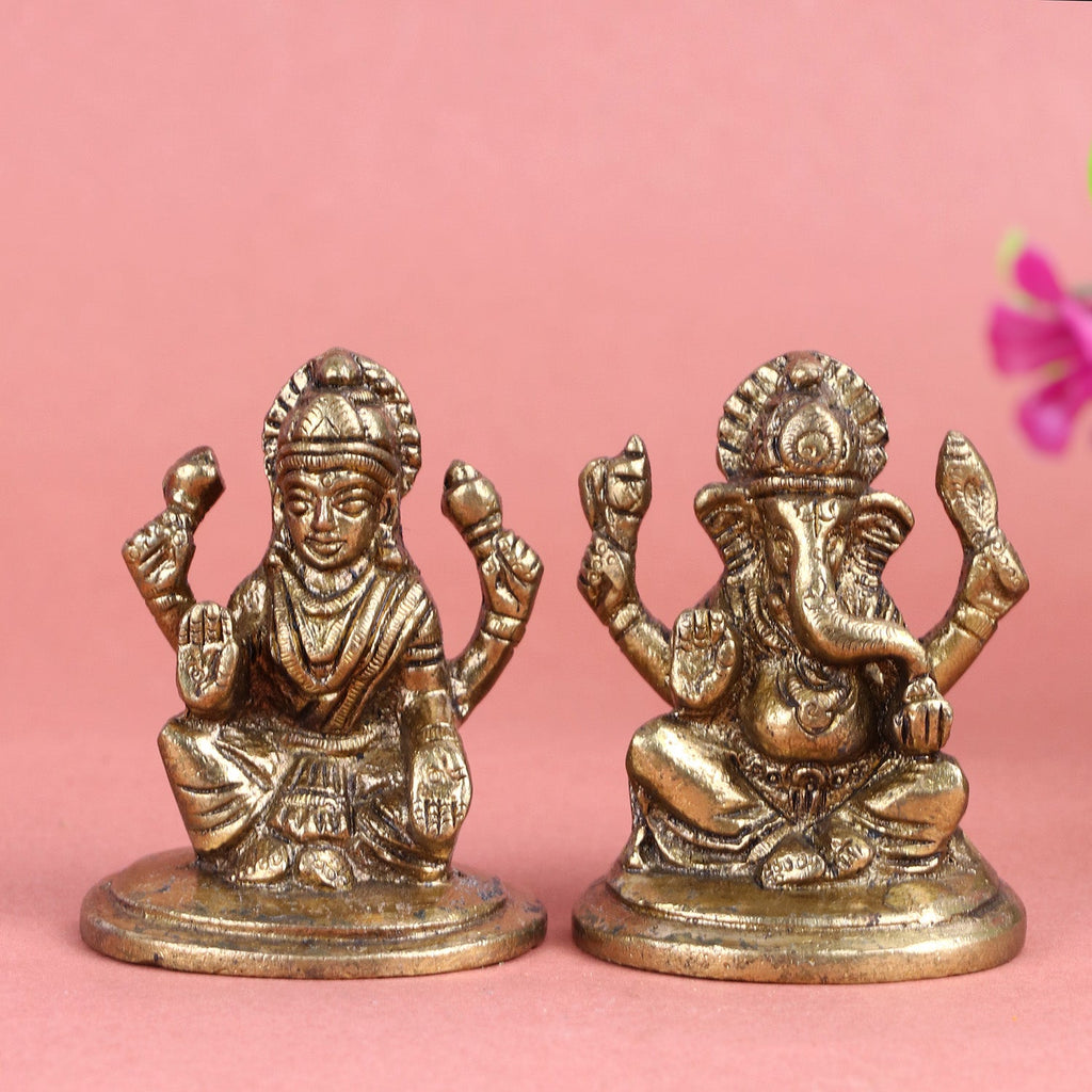 Beautifully crafted brass Laxmi Ganesh idol featuring Goddess Laxmi and Lord Ganesha seated side by side with intricate carvings and traditional detailing, symbolizing prosperity, wisdom, and auspicious beginnings—perfect for home or office decor. India’s Largest Pooja Accessories Brand- www.satvikworld.com