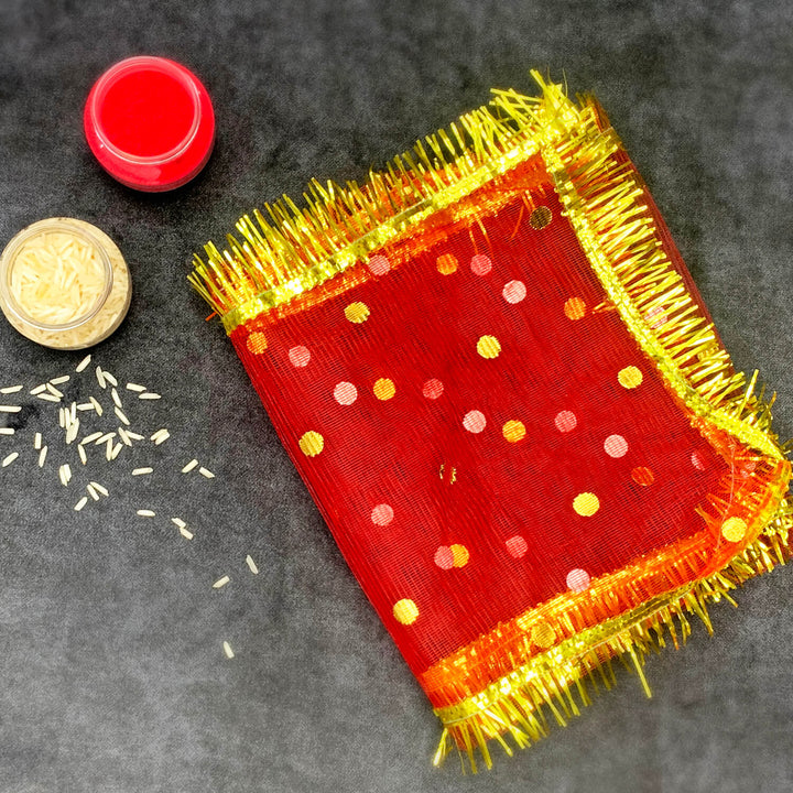 Elegant dotted Mata ki Chunari measuring 59.6x15.2cm for pooja and idol decoration. India’s Largest Pooja Accessories Brand – www.satvikworld.com