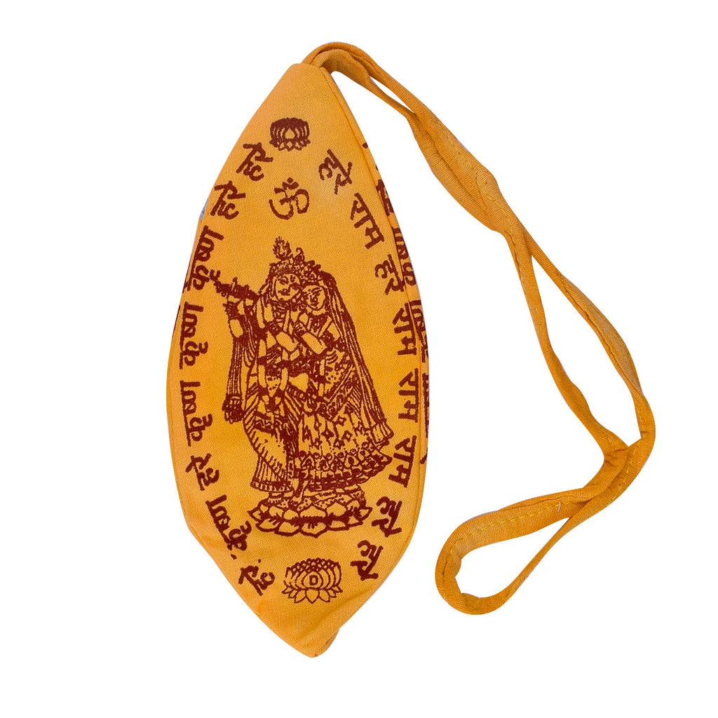 Kesari colored 100% cotton Hare Ram Hare Krishna printed jap mala jholi bag for devotional use. India’s Largest Pooja Accessories Brand – www.satvikworld.com

