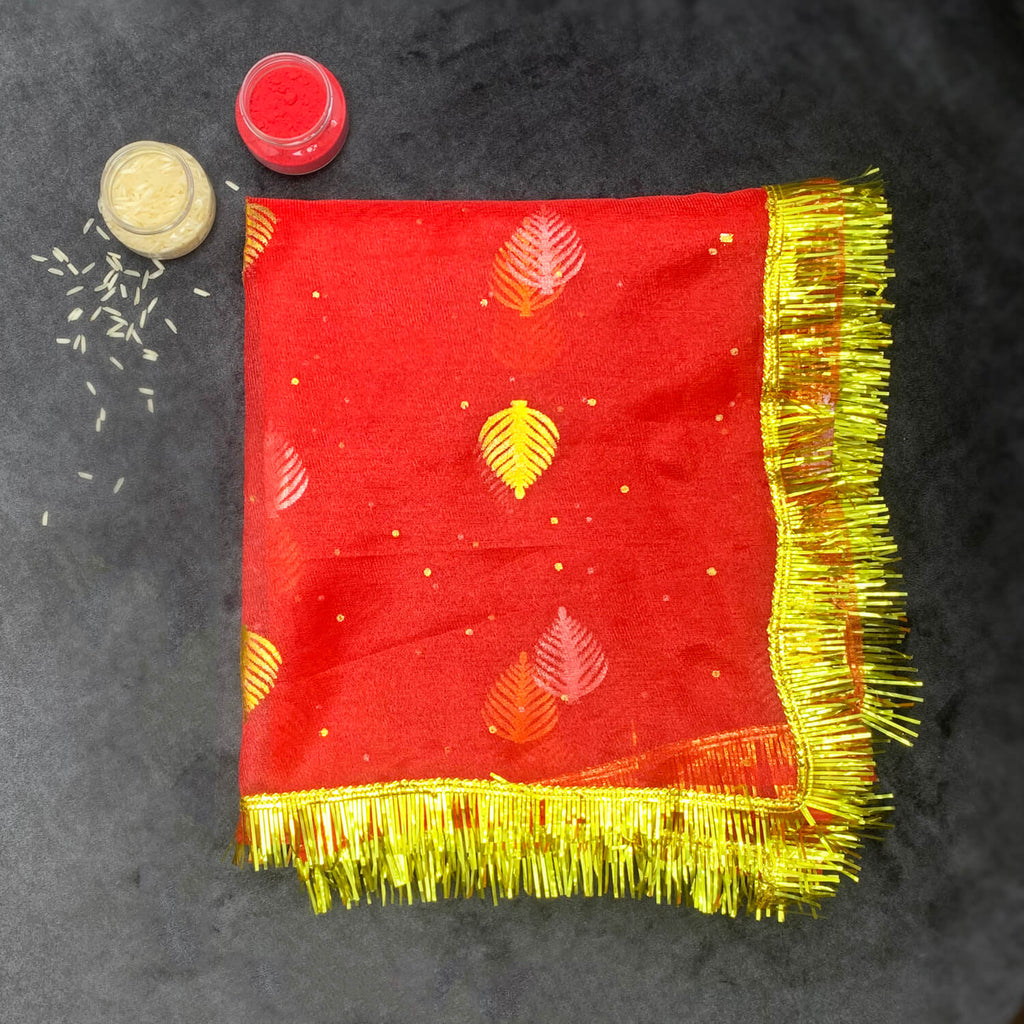 Elegant Leaf Design Mata ki Chunari measuring 42x17 inch for pooja and idol decoration. India’s Largest Pooja Accessories Brand – www.satvikworld.com

