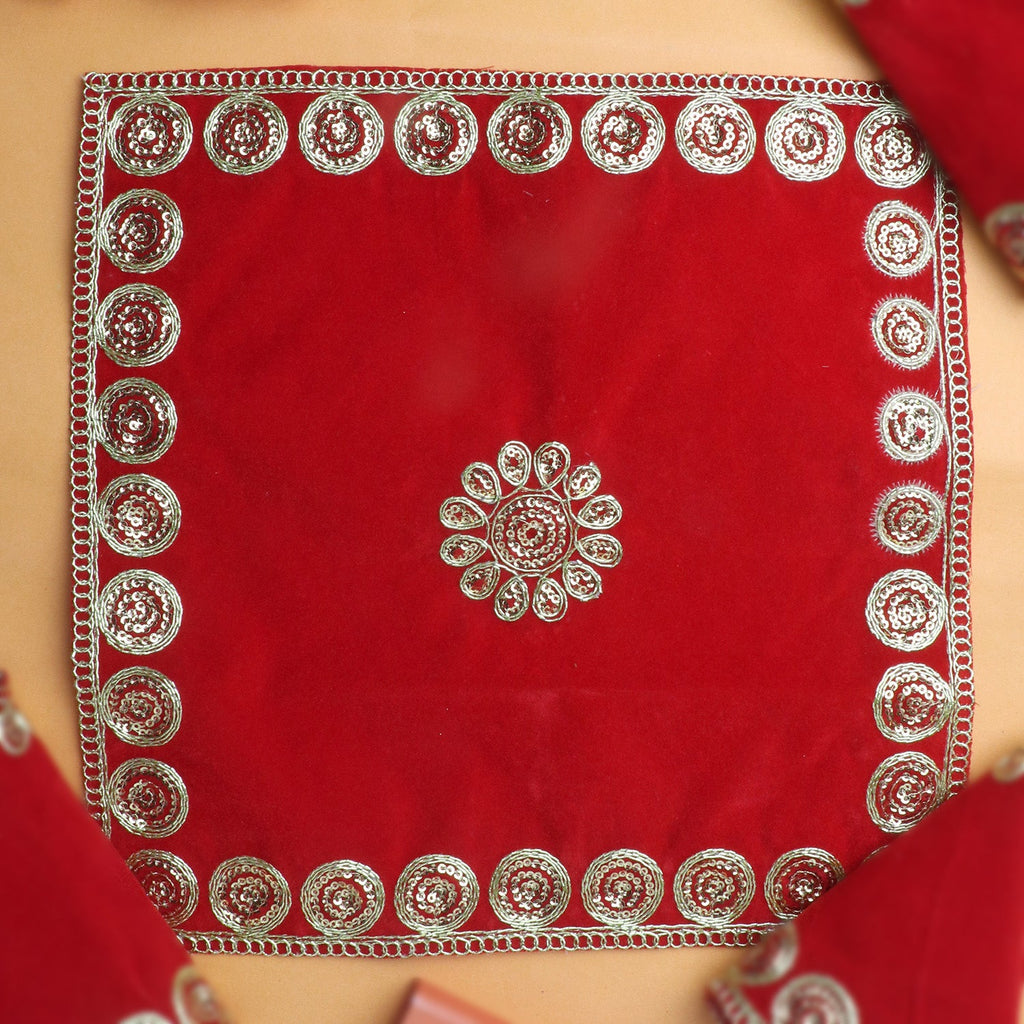 Royal red velvet puja aasan set of 4, soft and elegant mats for idol seating during pooja. India’s Largest Pooja Accessories Brand – www.satvikworld.com